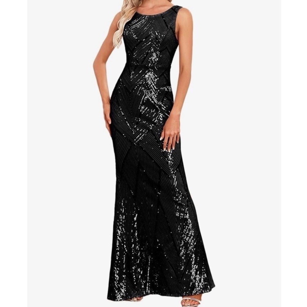 Elegant Black Sequin Maxi Formal Gown Sleeveless XL Wedding Guest Dress $105MSRP